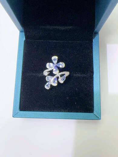 Shilian S925 18 gold plated natural tanzanite diamond plum blossom ring super fairy flower open ring opening adjustable