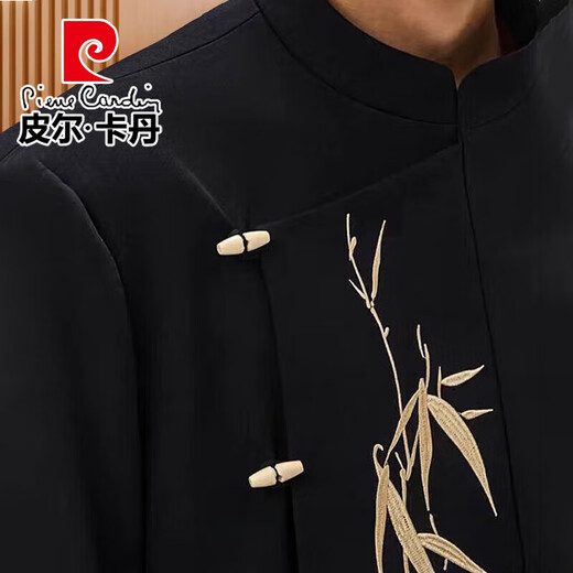 Pierre Cardin New Chinese Style Light Luxurious Bamboo Embroidered Suit Suit Men's Handsome Groom Wedding Engagement Dress Suit Knitted Black Two-piece Set Top + Pants M