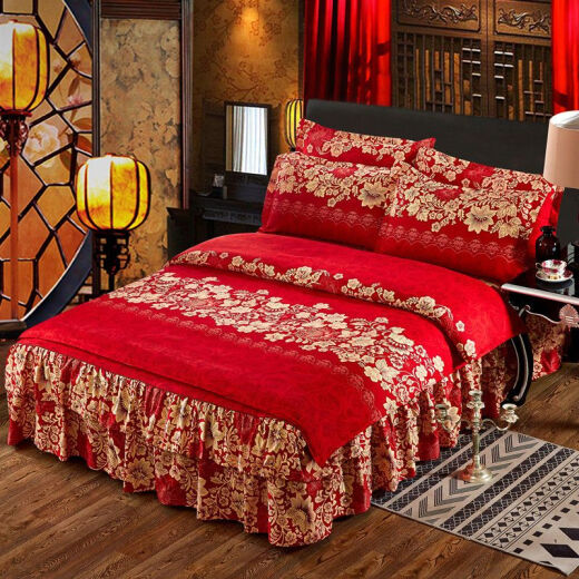 Shantou Lincun BPE Hundred Sons and Thousands of Grandsons Four-piece Set New Double-layered Lace Bedskirt Wedding Four-piece Sanded Thickened Quilt Cover Big Red Wedding Bedskirt Style (Model) - 1.5 Meter Bed Four-piece Quilt Cover 200*230