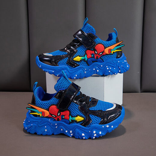 Hongshuyidian Boys' Shoes 2023 Spring New Cartoon Spider-Man Children's Shoes Mesh Single Mesh Breathable Sports Shoes Trend Blue Summer Single Mesh Breathable 26 Inner Length 17.0cm