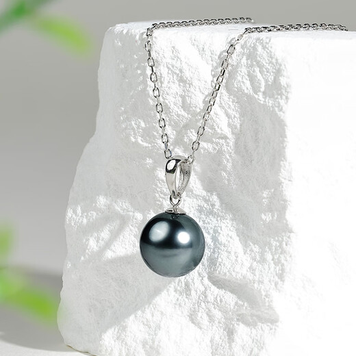 Tahitian 18K gold black pearl pendant classic round bright seawater pearl necklace S grade 9-10mm +18K gold chain