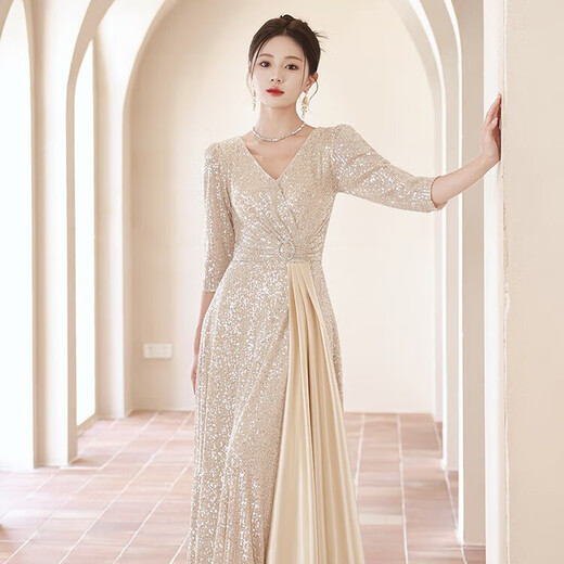 Li Baixin champagne color evening dress women's new high-end sense temperament light luxury niche high-end host sequined chorus performance clothing champagne color XL recommended 110-120Jin Jin equals 0.5 kg