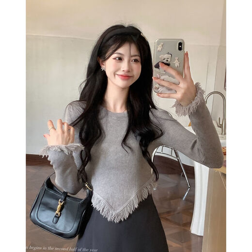 矜持范辣妹别致灰色长袖针织衫女秋冬2025新款设计感修身不规则短款上衣 9898-灰色[加绒加厚] S
