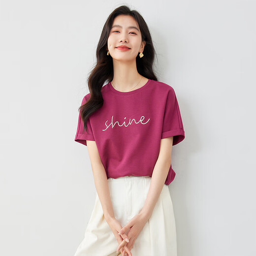 
Vanciman simple commuting round neck short-sleeved T-shirt for women 2025 summer new casual loose letter printed top M7031 deep rose red M