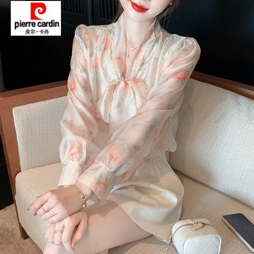 Pierre Cardin [3524 Kollektionen] Bug gespleißte langärmelige Chiffonhemd für Frauen Frühling 2025 Spring neues Hemd, damit sie schlanker Bildfarbe aussehen lassen (100 Jin [Jin gleich 0,5 kg])