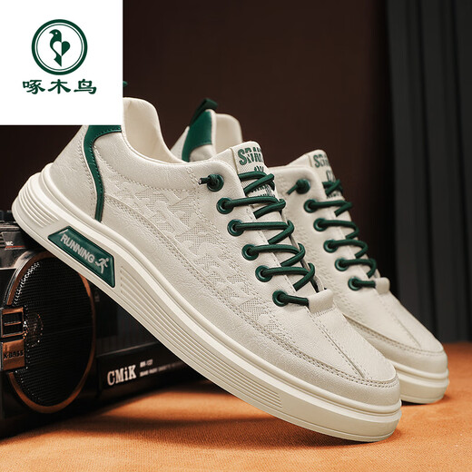 Woodpecker men's shoes 2025 new one-foot flat shoes for work men's casual and versatile soft sole leather sports little white trendy shoes Mi green 40