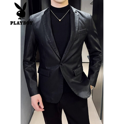 Playboy (PLAYBOY) suit men's genuine leather jacket Haining Spring and Autumn 2025 new jacket casual cowhide suit men's top black M suggests 100-120

