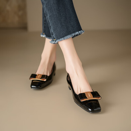 Asacho Spring and Summer Square Head Patch Patent Leather Women's Shoes Retro Bow Metal Button Women's Thick Heels Low Heel Square Head Single Shoes Women Black 9195 34