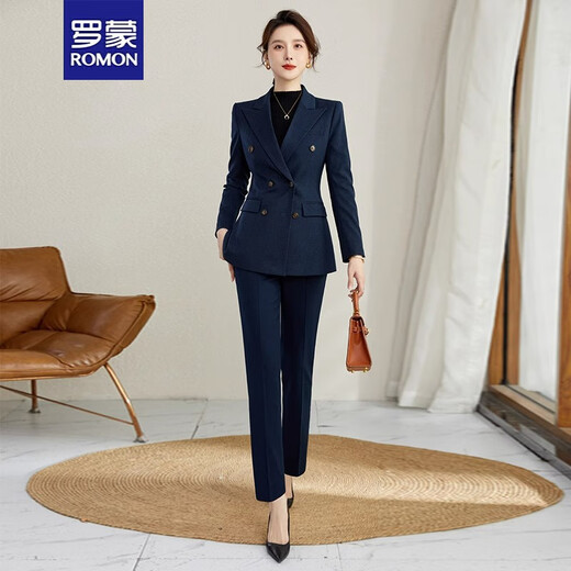 ROMON high-end professional suit suit for women, thick temperament, autumn and winter work clothes, hotel manager gray casual suit, navy blue suit + trousers M