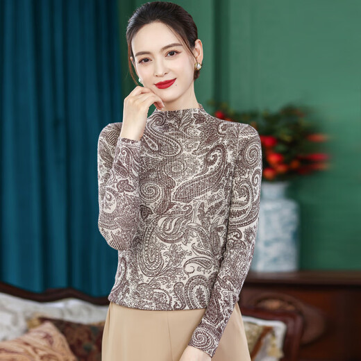 Simple silk five-qi half-high neck Chinese style full of printed cashmere sweater thin worsted elegant knitted top SY3881 Tibetan Qinghai Tibetan Qing XL