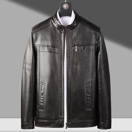 Woodpecker (TUCANO) Haining leather jacket for men, middle-aged dad, autumn and winter leather jacket, men's velvet thickened coat, middle-aged and elderly soft leather top, black coffee color 180
