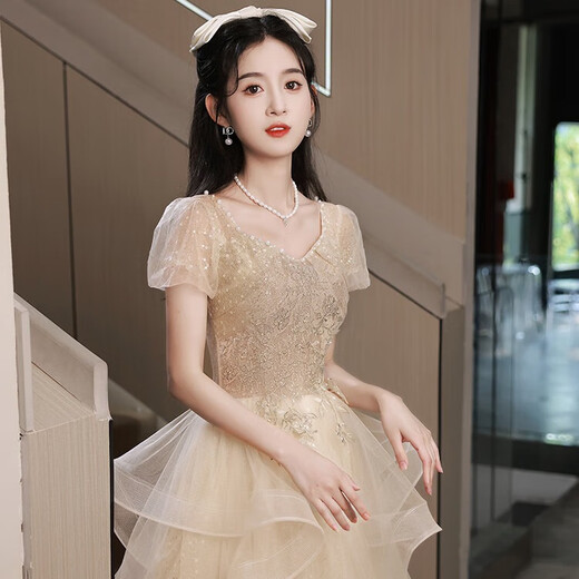 Li Baixin evening dress for women 2025 new light luxury niche champagne color high-end dress high-end graduation adult ceremony host champagne color mid-length L recommended 100-110Jin Jin equals 0.5 kg