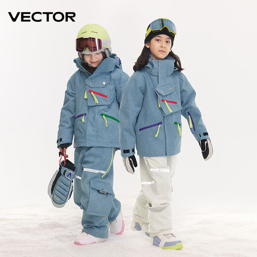 Vector children's ski suit, ski suit, boys and girls, warm, thickened, waterproof ski overalls, breathable, light blue denim + snow mountain white pants, same style for men and women 120