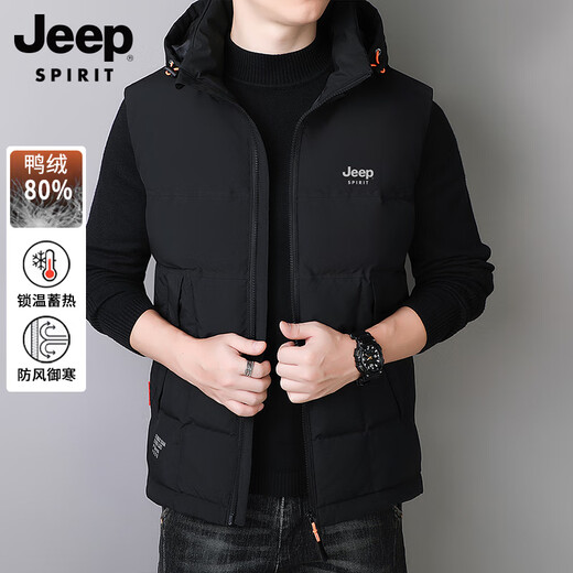 JEEP SPIRIT Down Jacket Vest Men's Autumn and Winter Warm Thickened Vest 2025 Outerwear Down Vest Men's Black XL (140-155Jin Jin is equal to 0.5kg)