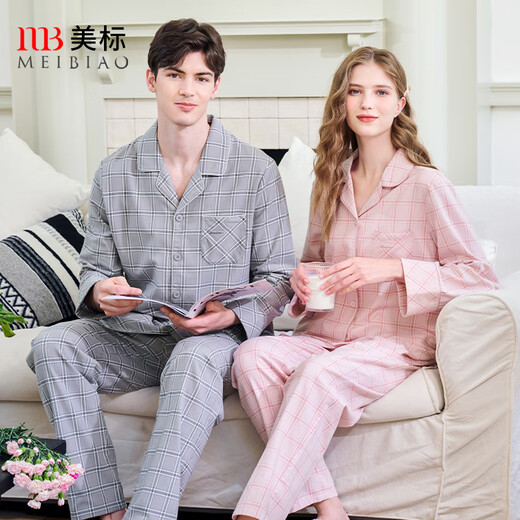 American Standard Gifts New Long Sleeve Couples Pure Cotton Pajamas Set Women's Spring and Autumn Plaid Cotton Can Be Weared Outside Home Clothes Men Temperament Gray 3XL