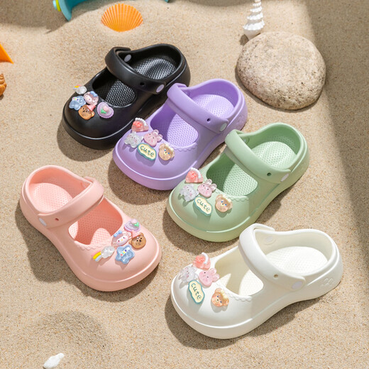 Children's Sandals Girls 2024 Summer New Style Mary Jane Princess Anti-Slip Soft Sole Parent-Child Girls Hole Slippers Cream White (Flower) 26-27 Inner Length 17.5cm