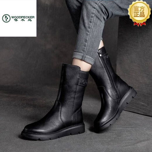 Specht Marke Echtes Leder Retro Martin Stiefel für Frauen 2025 Herbst und Winter weiche Leder sowie Velvet Vielseitig flacher Boden Nicht-Schlupf-Mittelstiefel Schwarze Single 38