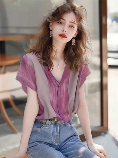 VDVFL女士上衣2024新款女夏洋气一点的法式紫色紫罗兰条纹拼接v领短袖 紫色 3892 XL