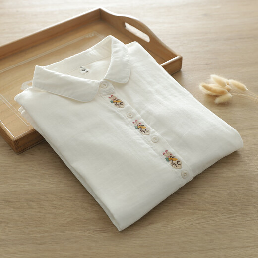Nuanqiao cotton double-layer cotton gauze white shirt women's long-sleeved spring and autumn loose French embroidery small fresh and sweet cotton shirt white M (115-130Jin Jin equals 0.5 kg)