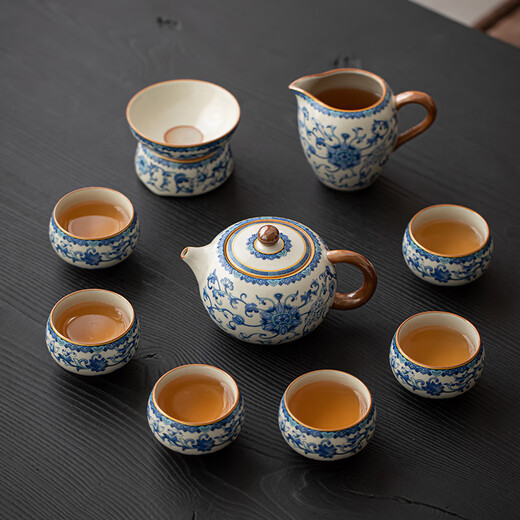 Xi Yuanji blue and white Ru Kiln tea set, complete set of high-end household teapots, cups and trays, retirement gifts, holiday souvenirs, beige and yellow Ru Kiln 9-head Xishi teapot gift box, practical birthday, wedding, housewarming and moving gift