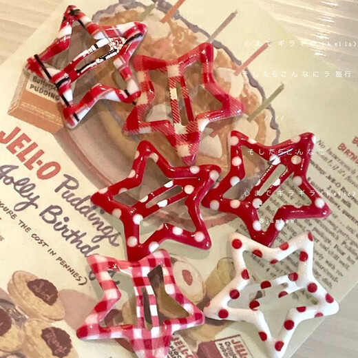 Ziggy Rabbit Strawberry Frappuccino Dopamine Star Hair Clip Women's Plaid Cute Side Bangs Broken Hair Clip Headdress White Background Red Plaid 3 Pieces