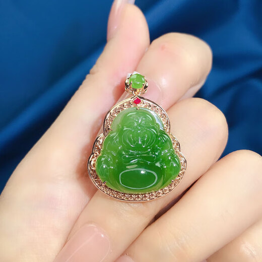 An Feng Jasper Maitreya Buddha Necklace 18K Gold Inlaid with Jade Hotan Jade Jade as a Mother Gift for Women Hotan Jade Necklace