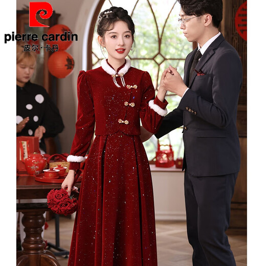 Pierre Cardin Official New Chinese Style Toast Wear 2025 New Bride Autumn and Winter Wedding Red Engagement Dress Skirt Women Winter Plus Velvet Burgundy Flagship Model-Flagship Model M Flagship Model-Flagship Model