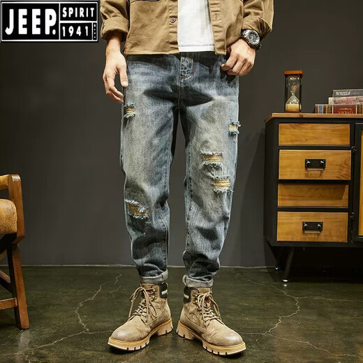 JEEP SPIRIT吉普破洞牛仔裤男夏季直筒宽松水洗美式复古哈伦裤痞帅潮牌九分裤 B01浅蓝色 30
