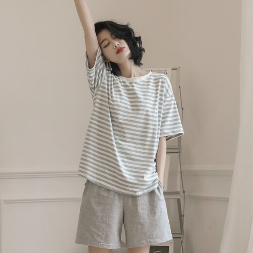 Offizielle Website [empfohlen von der zentralen Mutter] 2025 Neue Pyjamas für Frauen für Sommer für den Sommer mit kurzärztem zweiköpfigen zweiteiligen Sommer-Streifen-Home-Kleidung YZT9858 M Frauenstil empfohlen 80100jin [Jin gleich 0,5 kg]