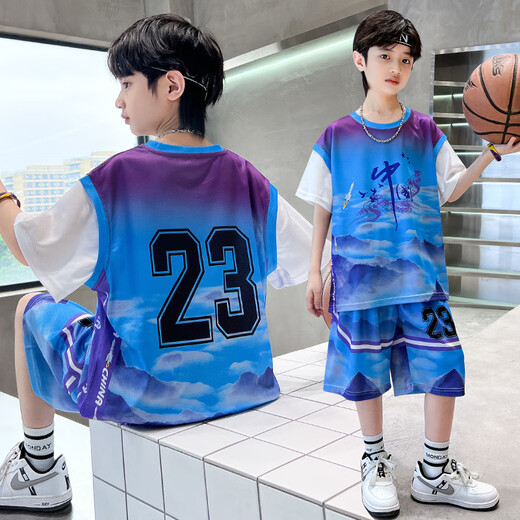 Boys summer uniforms set fashionable children's summer basketball uniforms medium and large children sports short-sleeved quick-drying clothes Chinese style DMG-9922-23 uniforms-blue 120 Recommended height 110cm