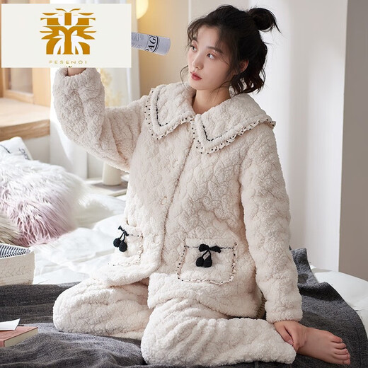 FMSERUIOS轻奢高档珊瑚绒夹棉睡衣女士冬季三层加厚加绒家居服女冬款法兰绒 MFB12157女 M