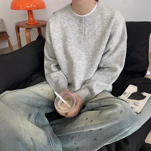 Yiran presents American Henry collar sweater for men in winter new high-end lazy style bottoming sweater cleanfit jacket for men light gray L recommended 120-135Jin Jin equals 0.5 kg