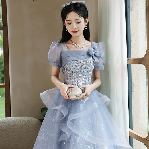 Vestido de noche azul de Libaixin 2025 NUEVO Estilo Banquete High-High Grain Student Art Exam Nicho Huff Skirt Women Blue Medium Longitud XL Sugerir 110-120Jin [Jin es igual a 0.5 kg]