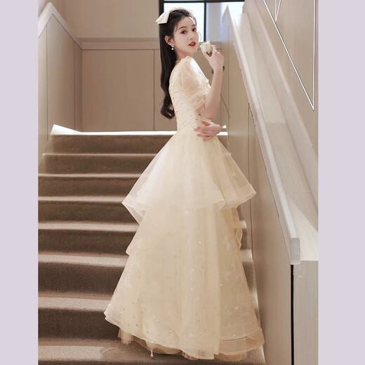 丽佰昕香槟色晚礼服裙女2025新款轻奢小众高端高级感声乐艺考主持人演出 香槟色 L  建议100-110斤