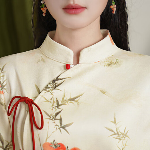 Yaoni cheongsam Hanfu women's daily adult 2025 autumn and winter short long-sleeved new Chinese style national style suede two-piece set 6551 apricot top + orange skirt (short top) M (recommended weight 105-115Jin Jin is equal to 0.5 kg)
