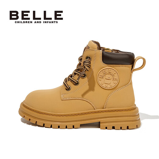 Belle children's shoes, winter warm children's boots, boys' Martin boots, girls' velvet short boots, leather boots, camel color size 34