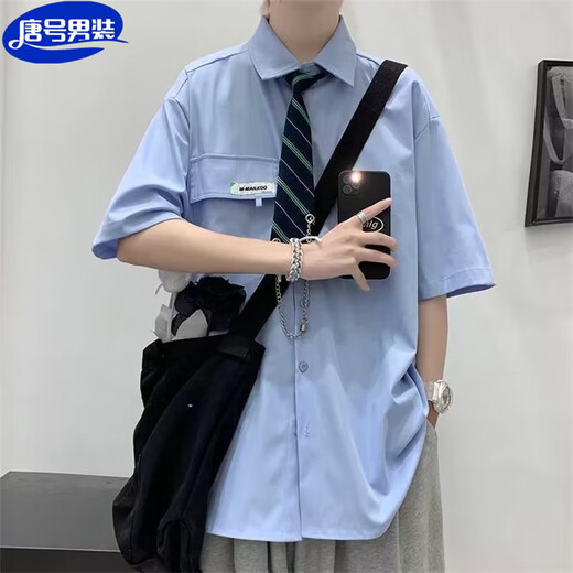 唐号学院风dk制服白衬衫男短袖夏季白衬衫休闲港风情侣毕业班服五分袖 C11纯色衬衫+领带+西裤 L