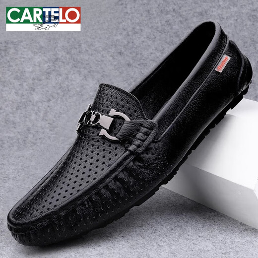 CARTELO leather shoes for men's genuine leather summer new breathable casual men's shoes soft sole lightweight one-foot kick-up bean shoes black hollow 9905 38 [Standard size of leather shoes]