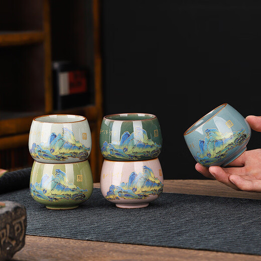 San Duo Jiu Ru Kung Fu Tea Cup Master Cup Ceramic Tea Set Men's and Women's High-end Gift Box Souvenir 5 Small Tea Cups Qianli Jiangshan 5 Gift Boxes