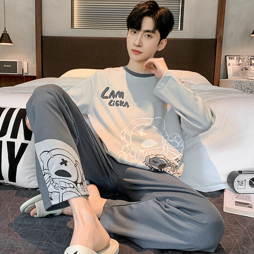 Langsha spring and autumn pajamas men's full cotton long sleeve trousers new pure cotton round neck young students can wear home clothes sets outside