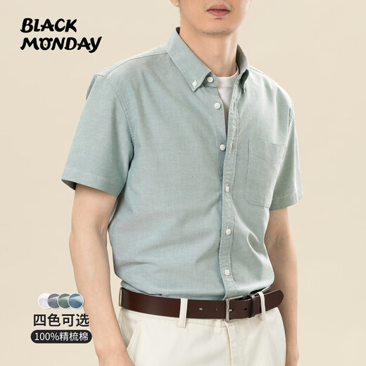 BLACKMONDAY纯棉牛津纺衬衫男短袖夏季时尚百搭全棉男士免烫商务休闲正装衬衣