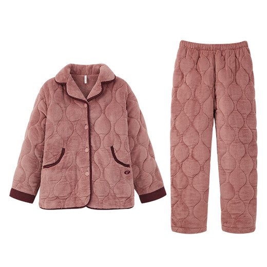 Anzhiban couple's pajamas for autumn and winter, three-layer quilted plus velvet, thickened and anti-static, casual wearable home wear set A Black Plum Pink M