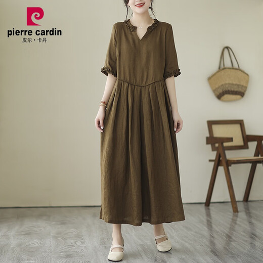 皮尔卡丹（pierre cardin）棉麻苎麻连衣裙2024夏装新款中年妈I妈宽松洋气亚麻气质V领长裙子 咖色/中长款/欧货/女装/时尚/遮 XL
