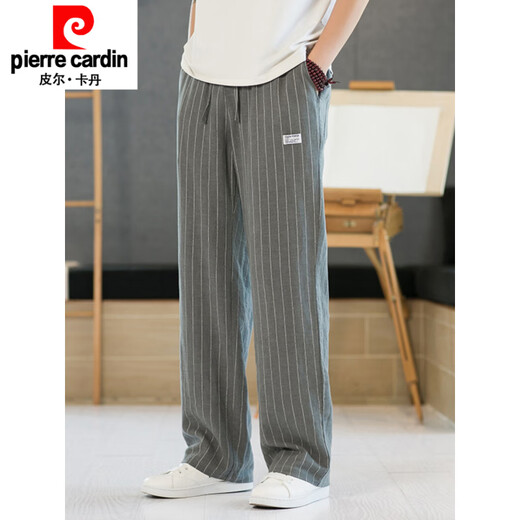 皮尔卡丹（pierre cardin）条纹裤男中国风复古宽松直筒裤夏季薄款棉质料裤子男士休闲裤针织 麻色 M 100-120斤