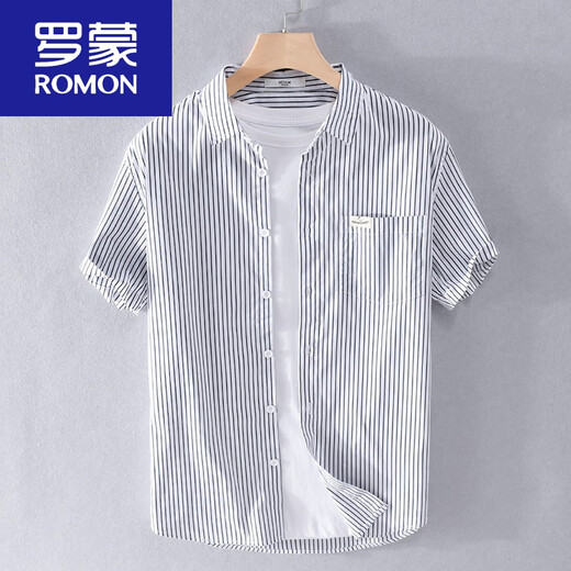 罗蒙（ROMON）男士条纹短袖衬衫日系宽松薄款上衣夏季休闲衣服潮流百搭衬衣 9738款 浅蓝条纹 M 95斤左右