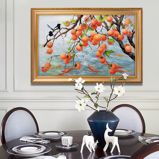 Diqi Persimmon Ruyi Pure hand-painted persimmon oil painting Restaurant decorative painting Entrance entrance wall hanging painting Bedroom Jiuyu Picture Mural <Everything Ruyi> 692 gold solid wood frame 200X100