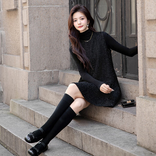 Sibaishe Xiaoxiangfeng vest dress 2025 autumn new women's contrast color round neck sleeveless short dress