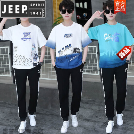 JEEP SPIRIT夏季青少年短袖t恤男孩少年衣服高中初中学生夏装帅气运动套装潮 白蓝色 套装TZ9226款 S【60-75斤】