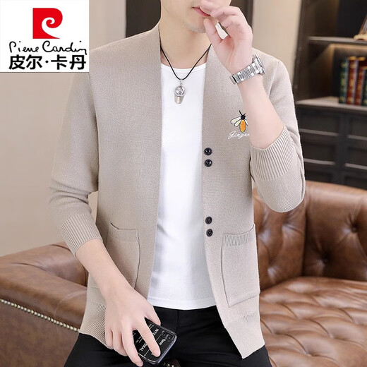 皮尔卡丹（pierre cardin）羊毛针织衫男士外套春秋季高档潮牌刺绣修身薄款毛衣男外搭上衣 6818卡其色【针织开衫】 XL