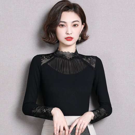 2025年新款春装长袖蕾丝打底衫莫代尔女气质内搭上衣显瘦洋气小衫 7027黑 波点多边形领长袖 均码 （90斤-130斤）